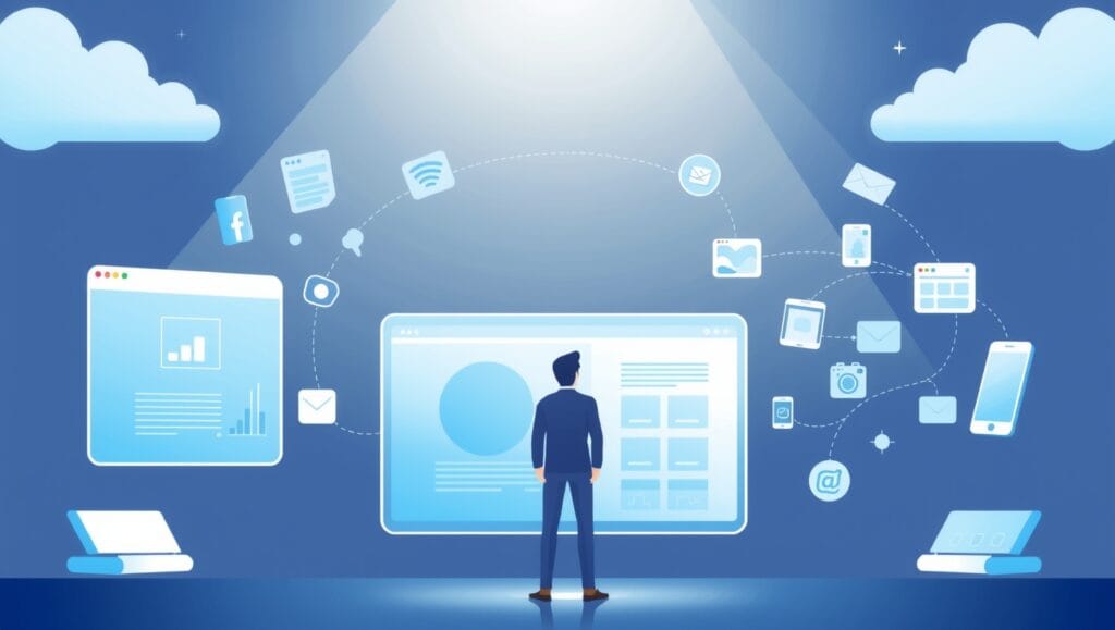 Moderne Illustration eines Mannes vor einer großen Website mit digitalen Symbolen – Symbolbild für die Frage, ob Webseiten 2025 noch zeitgemäß sind