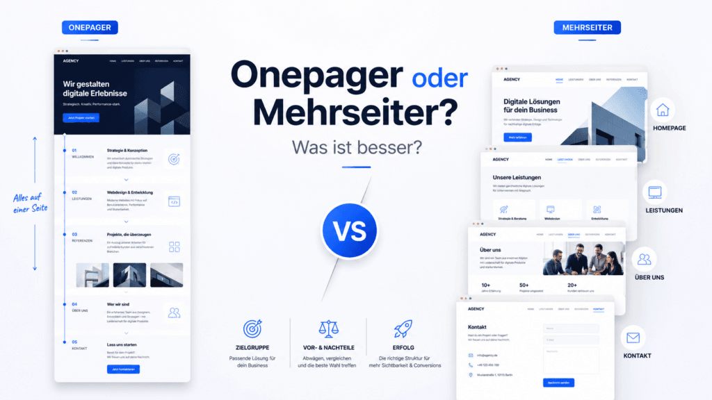 Vergleich zwischen Onepager und Mehrseiter mit Darstellung einer einseitigen Website und einer Website mit mehreren Unterseiten