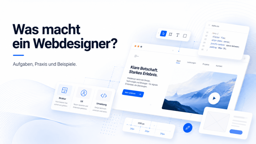 Illustration zu den Aufgaben eines Webdesigners mit Website-Mockup, UX-Elementen, Code und Seitenstruktur.