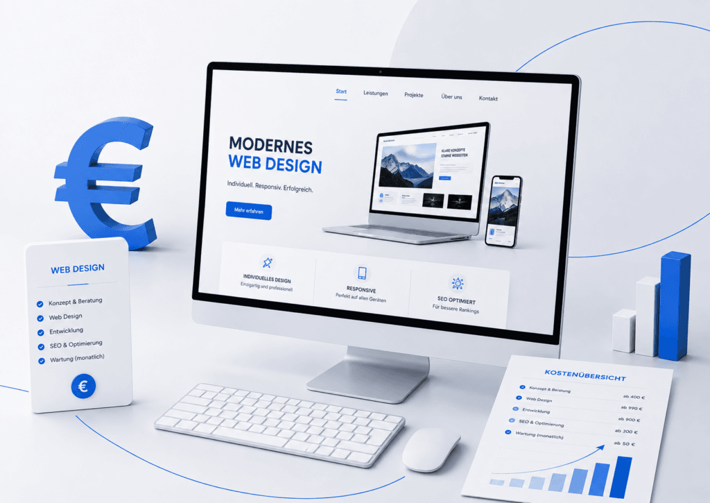 Moderner Desktop-PC mit Webdesign-Entwurf, Euro-Symbol und Kostenübersicht für Websites
