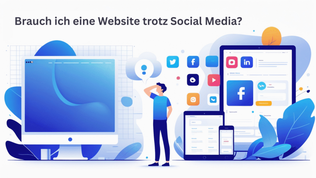 Illustration einer Person, die eine Website und Social-Media-Plattformen vergleicht – symbolisiert die Entscheidung zwischen Webseite und Social Media.