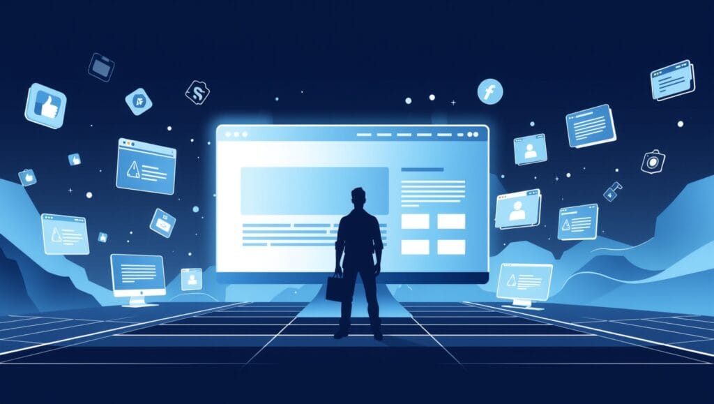 Futuristische Illustration mit großem leuchtendem Website-Screen im Zentrum, umgeben von digitalen Plattformen und Tech-Elementen – symbolisiert die Zukunft des Webdesigns.