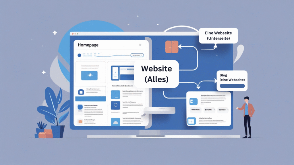 Illustration als Diagramm: links eine Homepage als einzelne Startseite, rechts eine Website mit mehreren verknüpften Seiten – verdeutlicht den Unterschied.