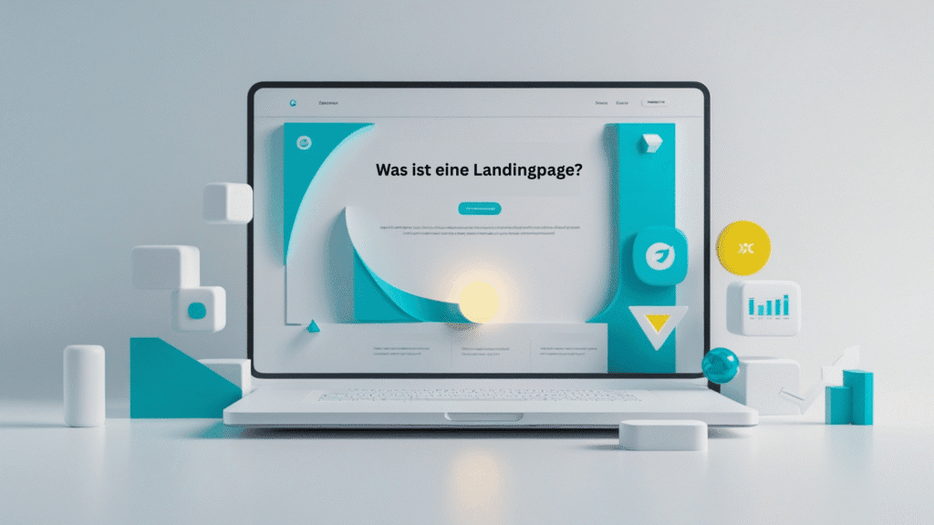 3D-Illustration eines Laptops mit einer Landingpage auf dem Bildschirm, umgeben von abstrakten Symbolen für Call-to-Action und Marketing.