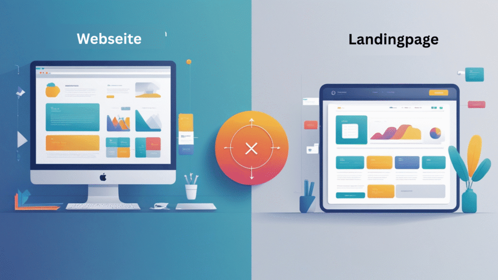 Illustration im Vergleich: links eine Website mit mehreren Seiten und Navigation, rechts eine Landingpage mit nur einer Seite und einem großen Call-to-Action-Button.