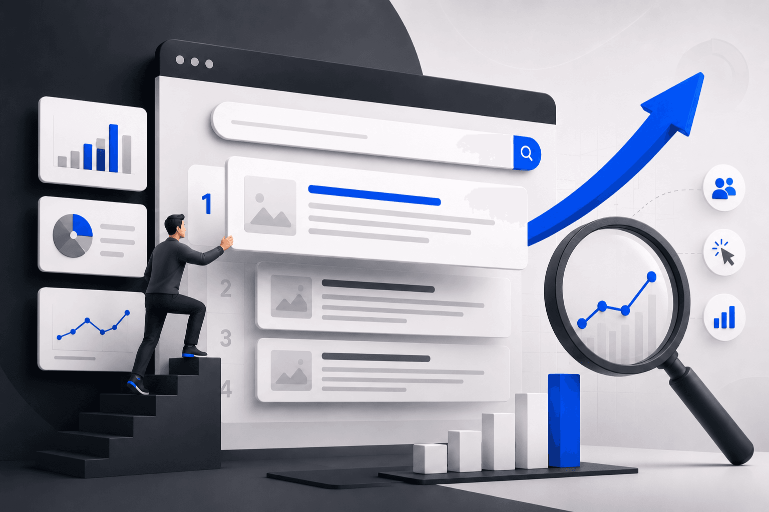 Illustration einer Google-Suchergebnisseite mit einer Leiter zum ersten Suchergebnis