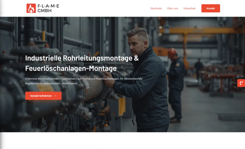 Website der F-L-A-M-E GmbH für industrielle Rohrleitungsmontage