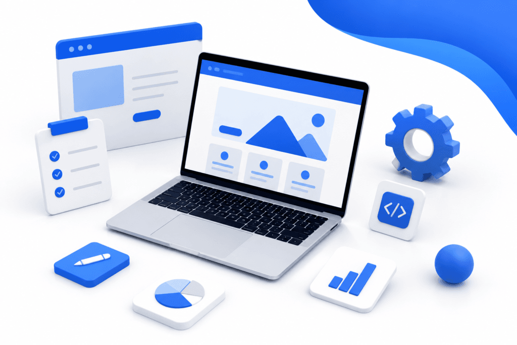 Infografik zum Ablauf eines Webdesign-Projekts in sechs Schritten: Anfrage, Erstentwurf, Planung, Umsetzung, Korrekturen und Veröffentlichung.