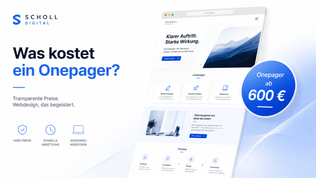 Was kostet ein Onepager? Moderner Website-Entwurf von Scholl Digital ab 600 Euro