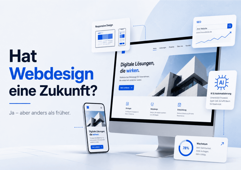 Beitragsbild zur Zukunft der Website-Erstellung mit Desktop- und Smartphone-Ansicht, SEO, Responsive Design und KI-Automatisierung.