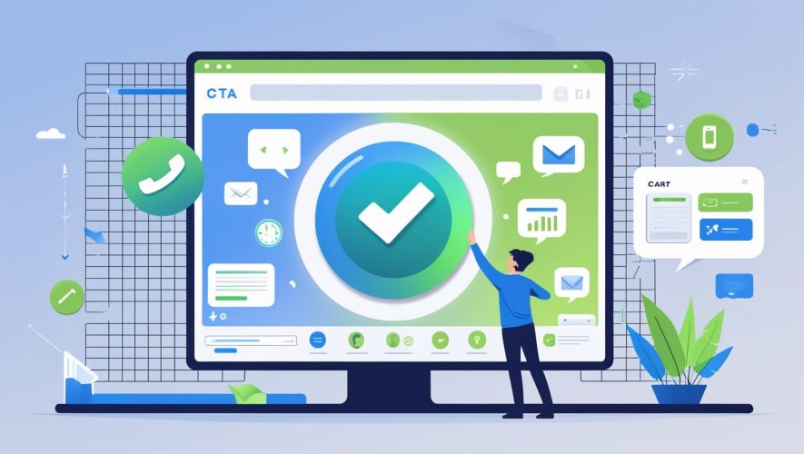 Illustration einer großen Website mit hervorgehobenem Button, den eine Person anklickt – symbolisiert die Bedeutung von Call-to-Actions (CTA).