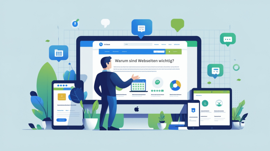 Illustration eines Unternehmers vor einem großen Website-Screen, umgeben von Symbolen für Sichtbarkeit, Kundenkommunikation, Online-Verkauf und Vertrauen – zeigt, warum Webseiten wichtig sind.
