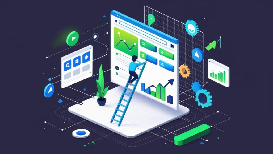 Isometrische Illustration einer Suchergebnisseite mit einer Person, die eine Leiter zum Top-Ergebnis hochklettert – symbolisiert Sichtbarkeit und Ranking durch SEO.