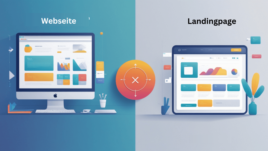 Illustration im Vergleich: links eine Website mit mehreren Seiten und Navigation, rechts eine Landingpage mit nur einer Seite und einem großen Call-to-Action-Button.